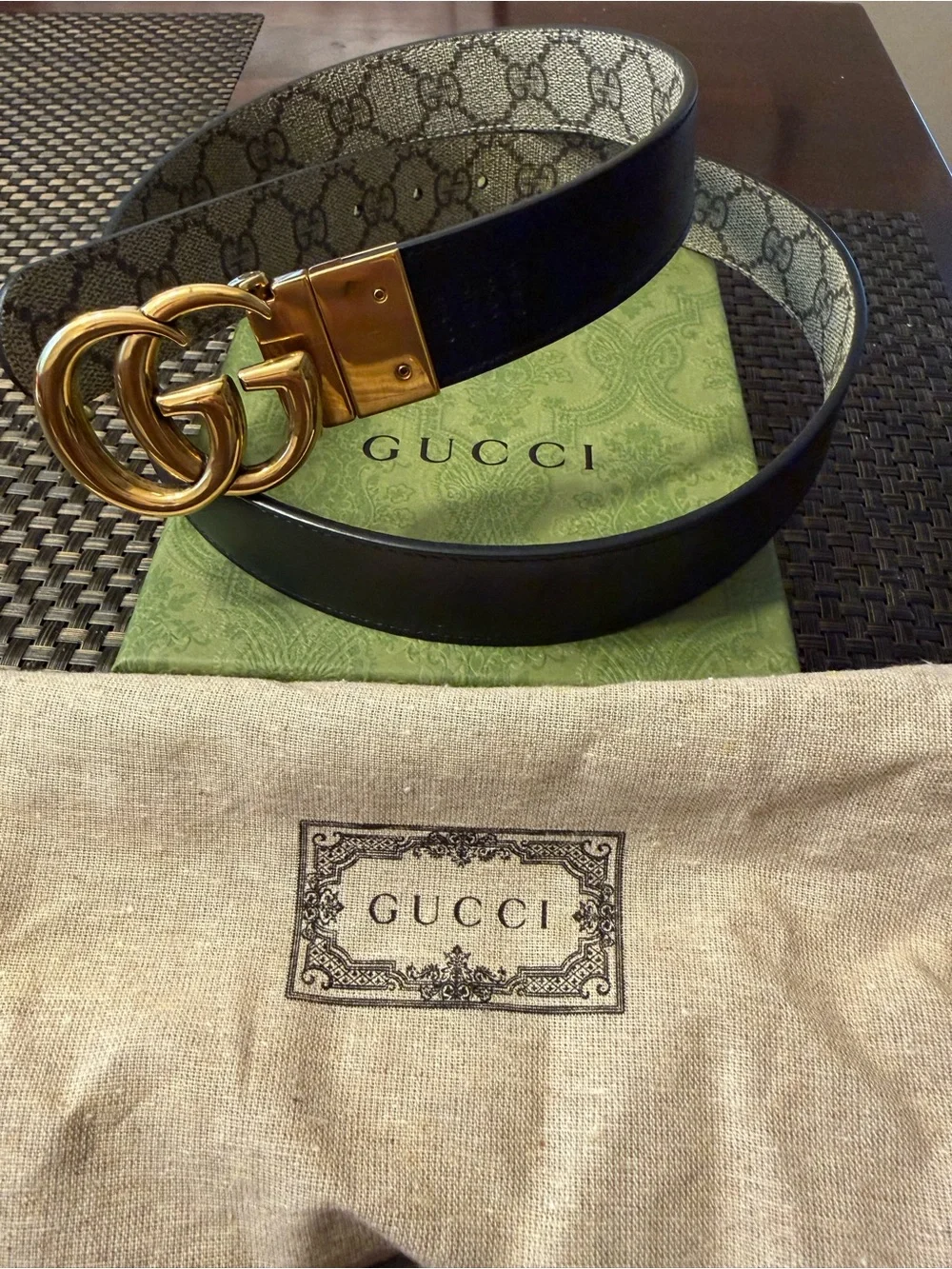 Gucci Black Leather Belt with Gold Double G Buckle and GG Reversible